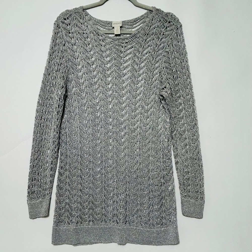 Chico's Metallic Open Knit Top Womens 3 Silver Crochet Tunic Glam Beach Cover Up - Picture 8 of 11